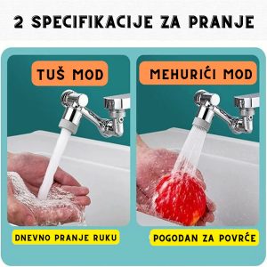 Slika prikazuje dva moda prskaljke: tuš mod za dnevno pranje ruku i mehurići mod pogodan za pranje povrća.