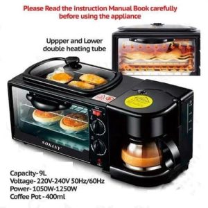 Crni multifunkcionalni aparat za doručak sa instrukcijama za upotrebu i različitim funkcijama