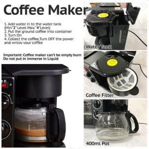 Detaljan prikaz delova multifunkcionalnog aparata za doručak, uključujući vodeni rezervoar i filter za kafu