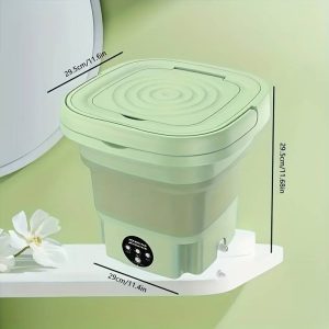 Ilustracija dimenzija sklopive prenosive mašine za pranje veša u zelenoj boji