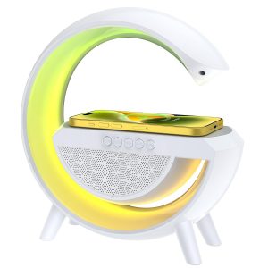 Multifunkcionalna LED lampa u beloj boji sa opcijom bežičnog punjenja telefona i zvučnikom