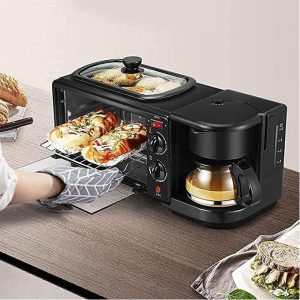 Multifunkcionalni aparat za doručak koji peče hleb i priprema kafu, sa rukom koja izvlači pečenje