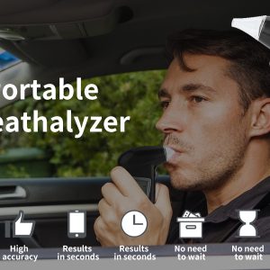 Muškarac koristi prenosivi alkotester u automobilu sa prikazanim rezultatom