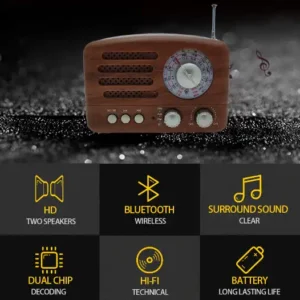 Promotivna slika portablnog radija Harmonijski Akordi MK-615BT ističući HD zvuk, bežično B.T. povezivanje i dugotrajnu bateriju